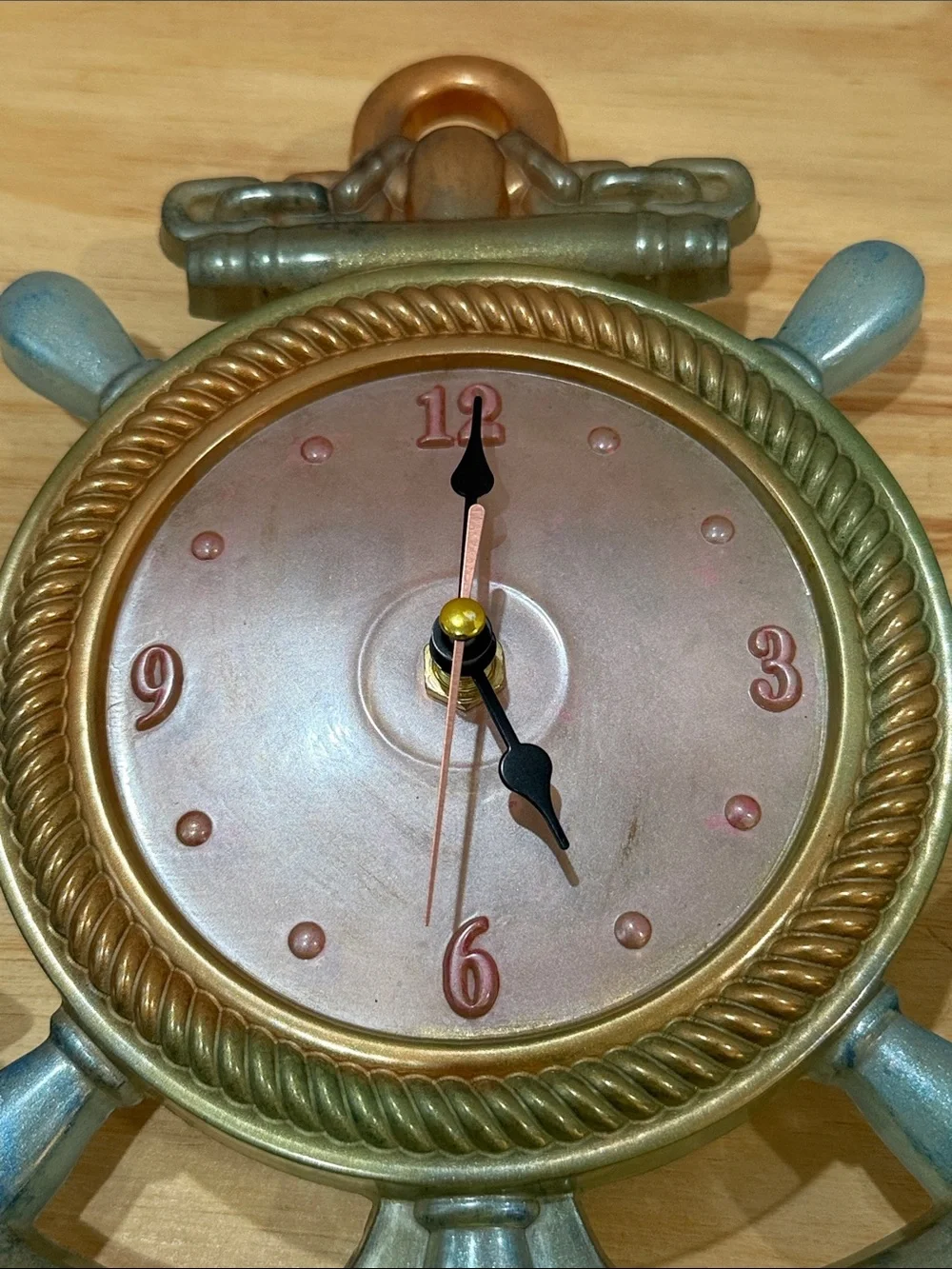 Nautical Anchor Ship Wheel Wall Clock — Bronze and Blue Coastal Accent